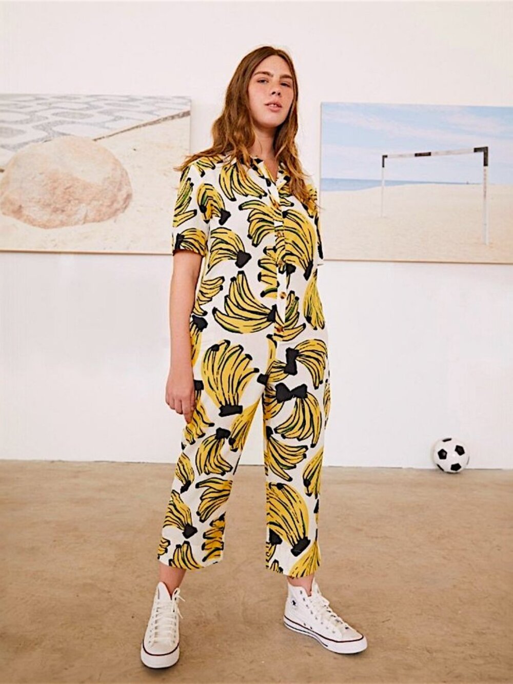Farm Rio RARE funk pop art banana print crop wide leg cotton silk jumpsuit S NEW